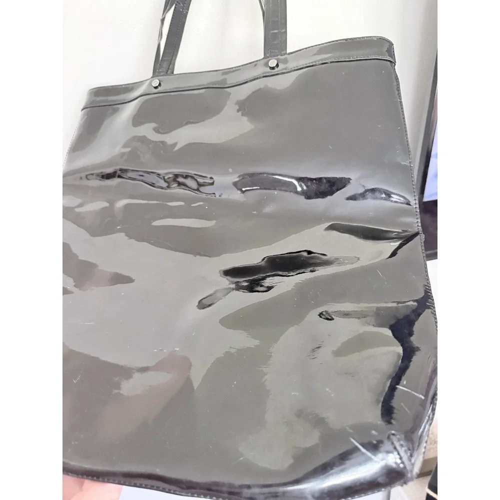 Tory Burch Black Patent Leather Monogram Tote Bag 17x17 Large Carry All Classic